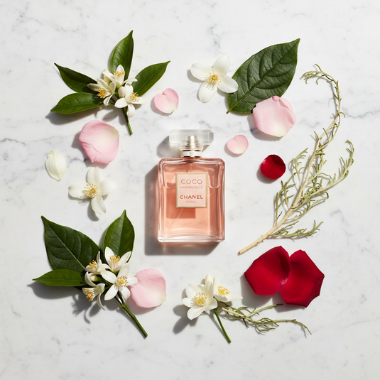 Chanel Coco Mademoiselle - Flat Lay with Fragrance Notes