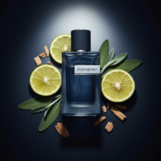 Yves Saint Laurent Y Eau de Parfum dark flat lay with bergamot and sage