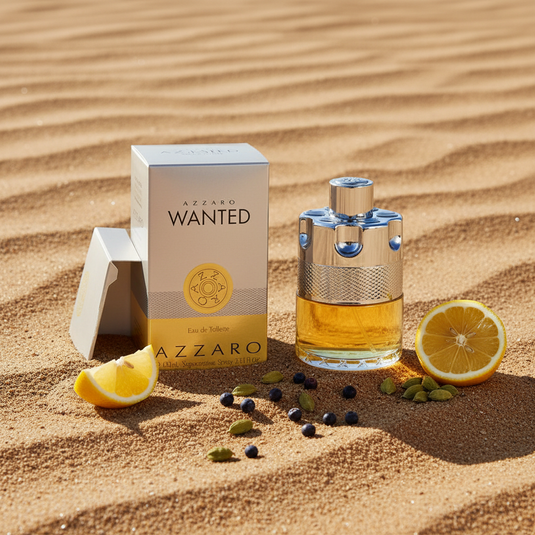 Azzaro Wanted Eau de Toilette sandy flat lay with lemon and cardamom