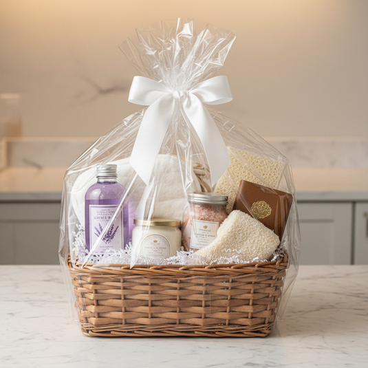 Cozy Spa & Self-Care Gift Basket beautifully wrapped with lavender, candle, face mask, and fuzzy socks