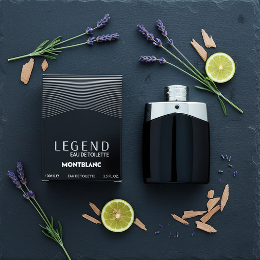 Montblanc Legend Eau de Toilette slate flat lay with lavender and bergamot