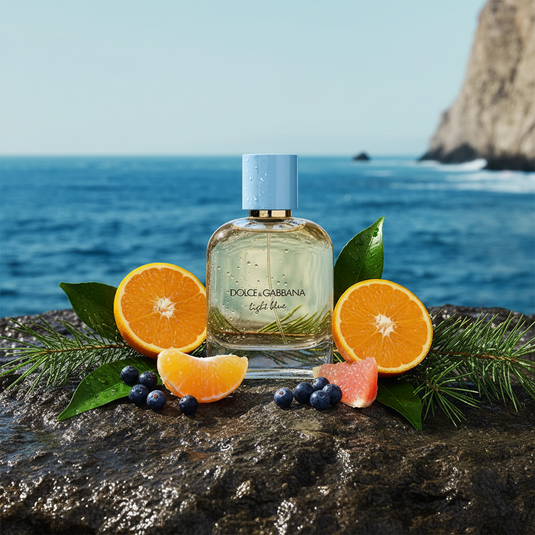 Dolce & Gabbana Light Blue Pour Homme - Coastal flat lay with fragrance notes