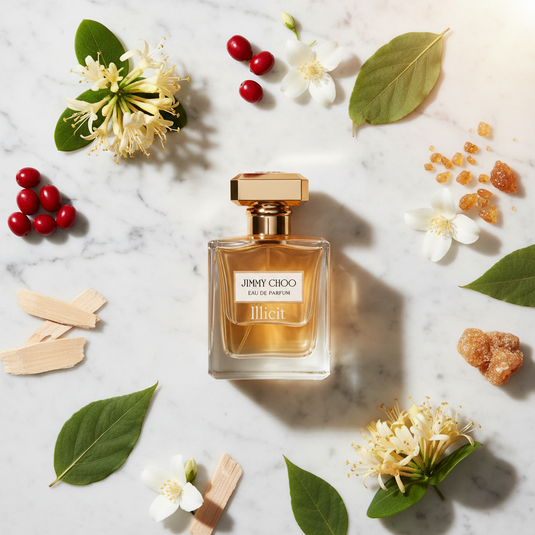 Jimmy Choo Illicit 100ml EDP – Flat lay with fragrance note ingredients