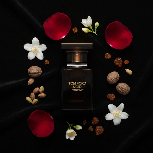 Tom Ford Noir Extreme - Opulent flat lay with fragrance notes