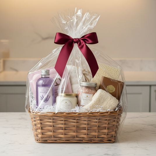 Cozy Spa & Self-Care Gift Basket with burgundy satin ribbon bow