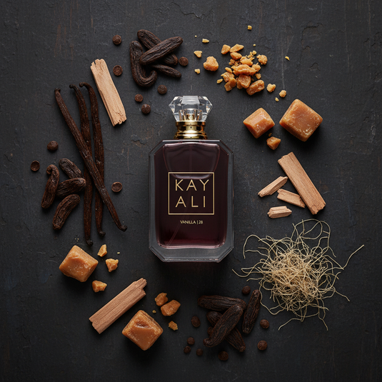 Kayali Vanilla 28 - Flat Lay with Fragrance Notes