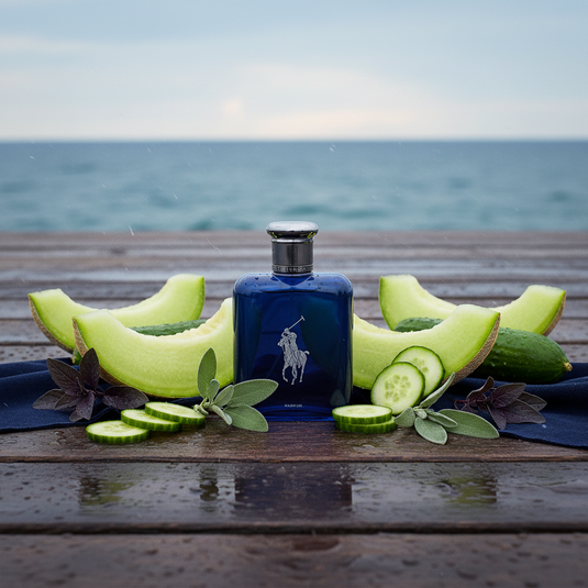 Ralph Lauren Polo Blue - Ocean flat lay with fragrance notes