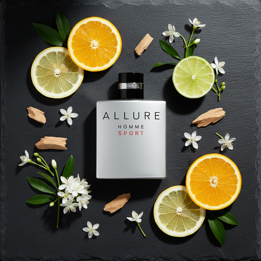 Chanel Allure Homme Sport - Flat lay with fragrance notes