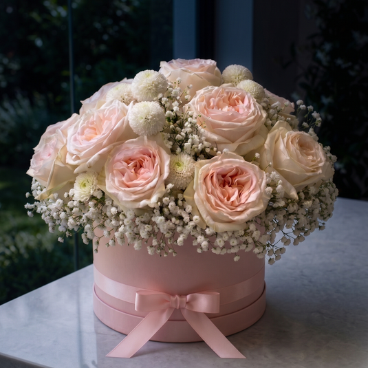 Blush Pink Roses in a Pink Hat Box