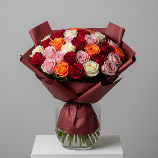 Rose bouquet in dark red Korean wrap in a vase